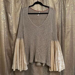 Free People Neutral Tan Celestial Metallic Sweater Bell Sleeves Boho XS
